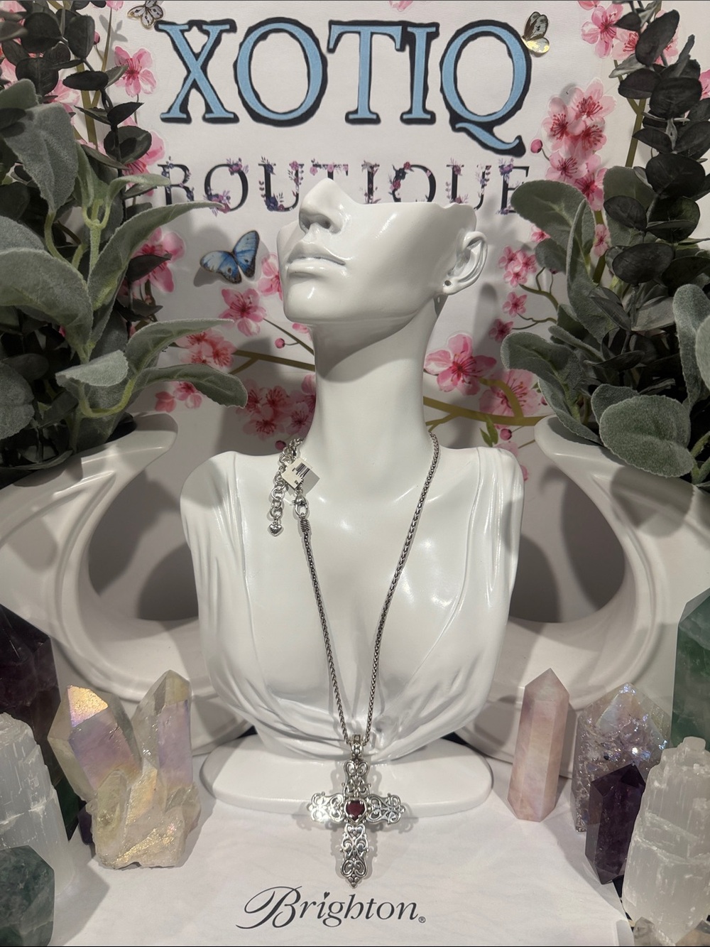 🆕🌹NWT RARE SLVR RED SWAROVSKI CRYSTAL BRIGHTON VTG Cross Necklace #Whimsygoth